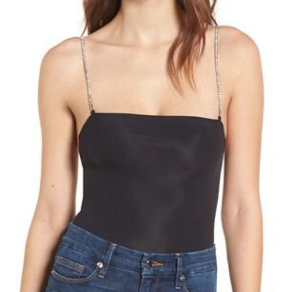 New black spandex body suit with rhinestone straps